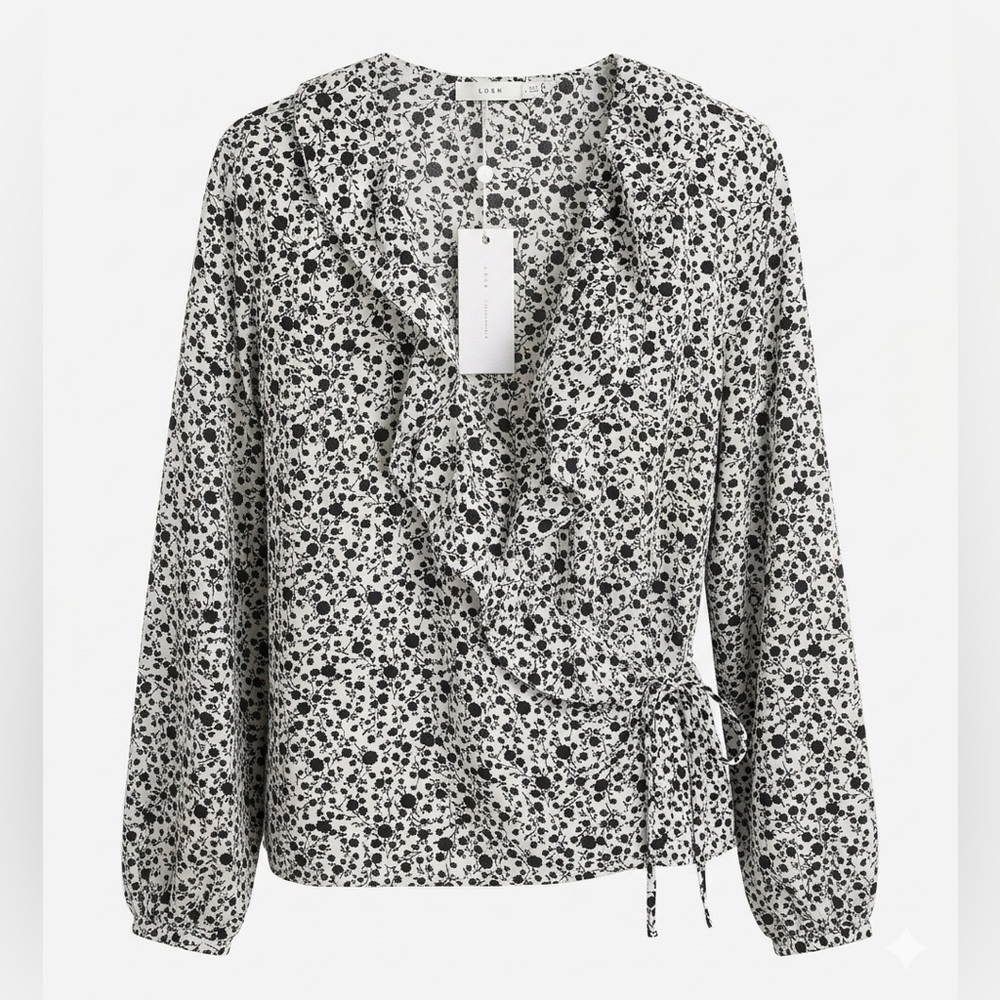 LUSH Black and White Floral wrap Blouse M NWT